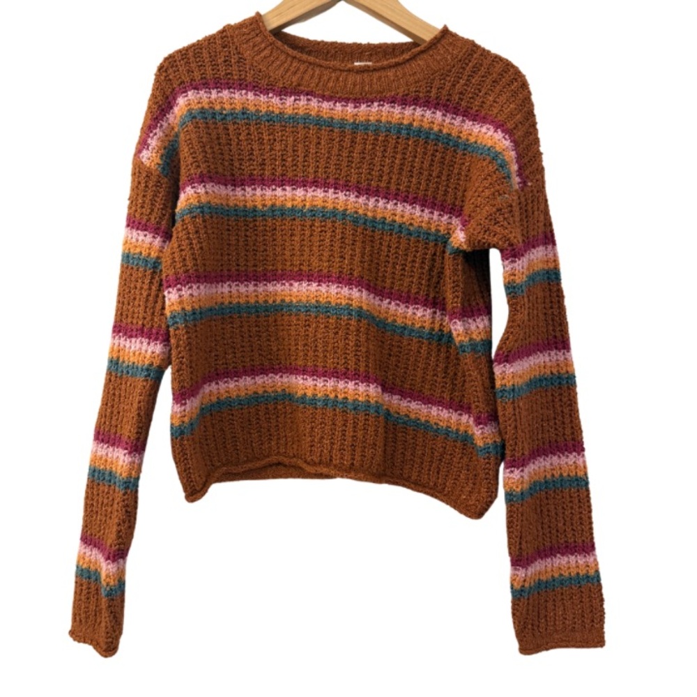 Cat & Jack Striped Knit Sweater, Girls Size L 10/12 Rust Multicolor Retro Cozy